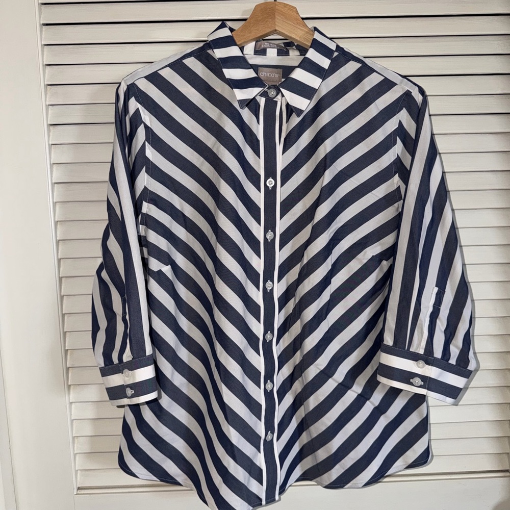 Chico's Striped Button Down Shirt in Navy‎ and White